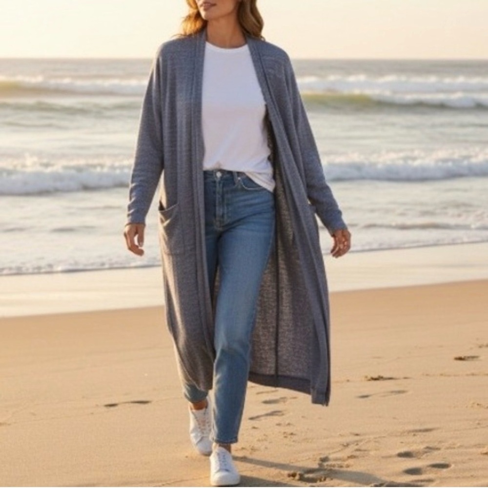 Free People Beach Bicoastal Duster Cardigan Grey Black size Small Lagenlook